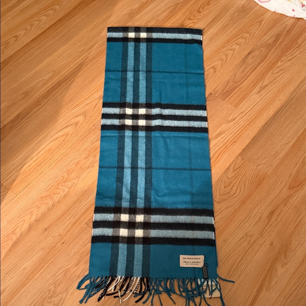 Burberry Teal and Black Checkered Cashmere Scarf